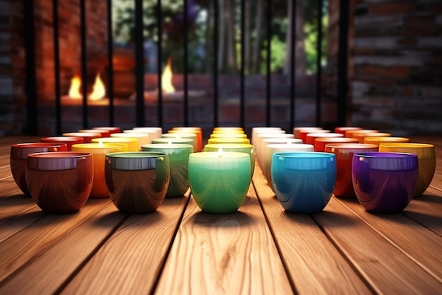 Des pots de céramique colorés sur une table en bois avec une bougie centrale