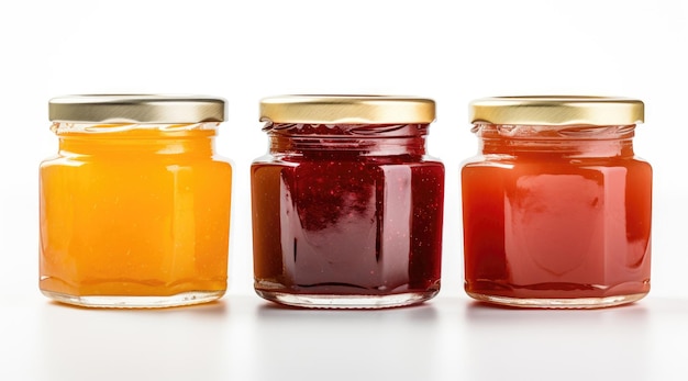 Pots de confiture et de miel sur fond blanc