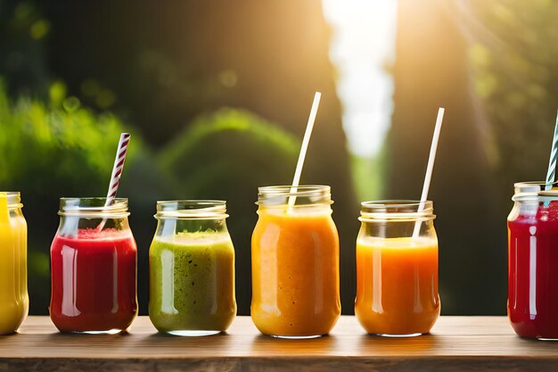 des pots de différents fruits et légumes sur une table en bois