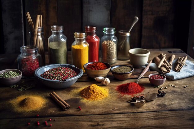 Pots d'épices sur une table en bois substances lâches multicolores