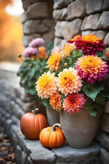 Des pots de fleurs avec des chrysanthèmes de dahlias et de belles citrouilles orange le long du vieux mur de pierre