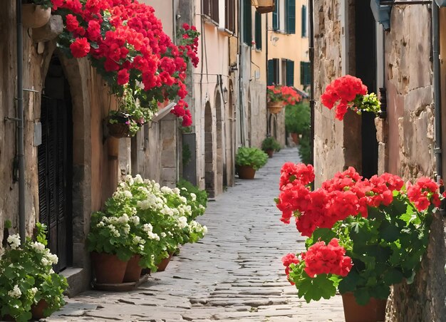 Photo des pots de fleurs avec des géraniums dans la vieille ville de rovinj, en croatie