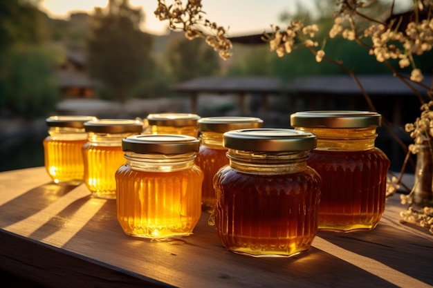 Des pots de miel doré ornent une table en bois en plein air, un tableau inspiré de la nature