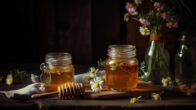 pots de miel sur une table en bois avec des fleurs génératives ai