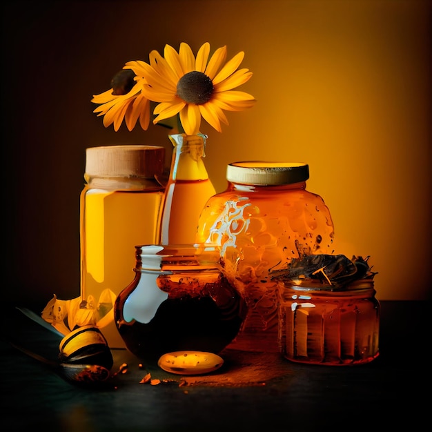 Pots de miel et vase de fleurs Nature morte au miel