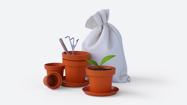 Photo pots et outils de jardin en argile rendu 3d