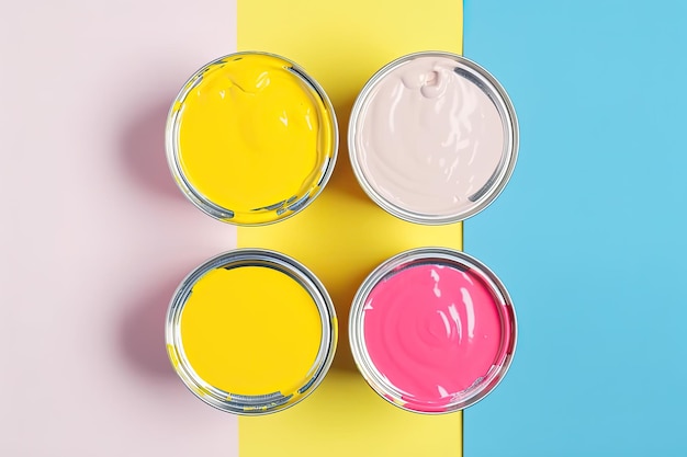 Pots de peinture de différentes couleurs sur fond rose jaune et bleu vue de dessus Ai générative