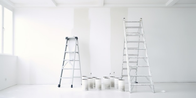 Pots de peinture d'escalier en salle blanche pour rénovation