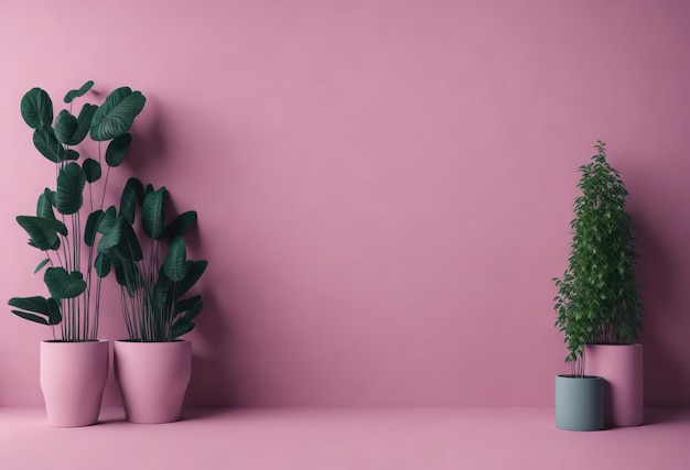 Pots de plantes roses sur fond rose