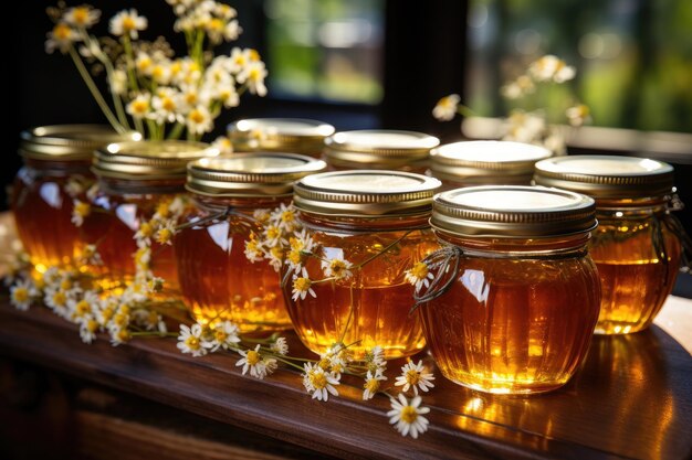 Photo pots remplis de miel dans une table en bois publicité professionnelle photographie culinaire