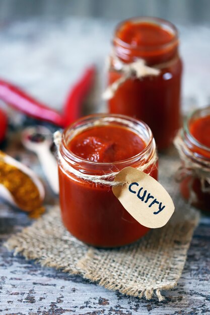 Pots de sauce au curry maison.