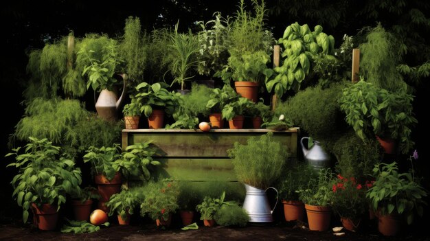 Des pots en terre cuite avec des herbes sur une étagère de jardin en bois