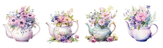 Des pots de thé à l'aquarelle élégants avec des fleurs isolées sur blanc