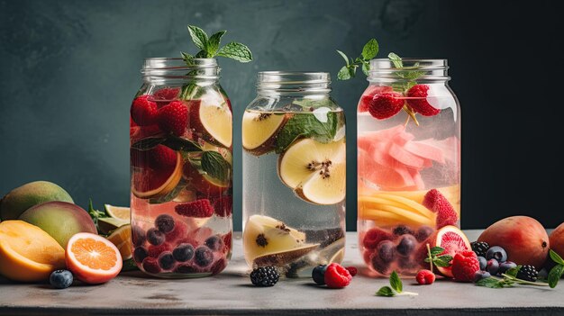 Pots en verre d'eau infusée aux fruits