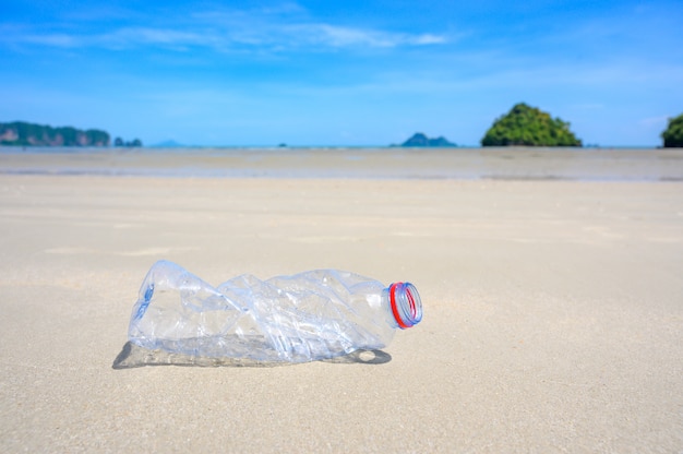 Poubelle La Bouteille En Plastique De La Mer De La Mer Repose Sur La Plage Et Pollue La Mer Et La Vie Marine. Déchets Déversés Sur La Plage De La Grande Ville.