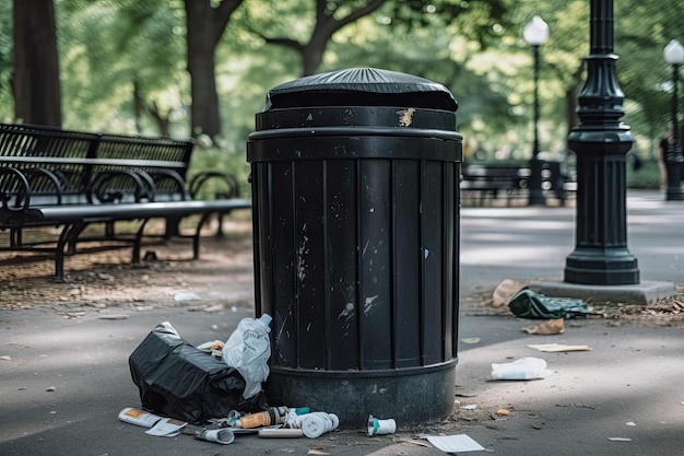 Poubelle débordant dans le parc animé de la ville avec des cigarettes et des déchets éparpillés créés avec une IA générative