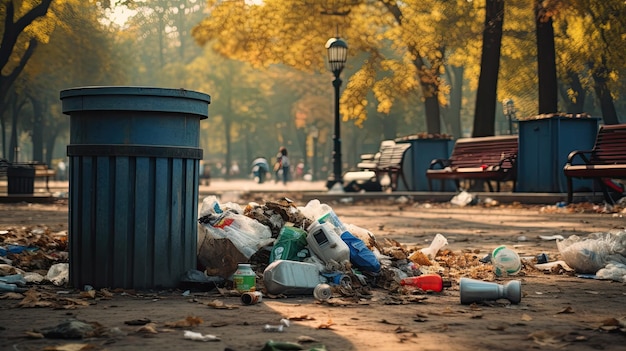 La poubelle est remplie d'ordures et de déchets dans le parc Pollution de l'environnement