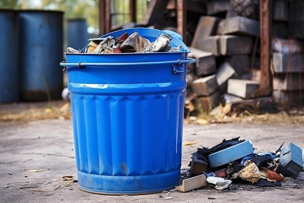 poubelle industrielle bleue en métal durable pour les déchets extérieurs sur le chantier de construction grand panier à déchets
