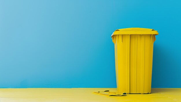 Photo la poubelle jaune devant le mur bleu