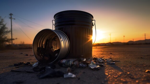 Photo une poubelle avec des ordures au coucher du soleil