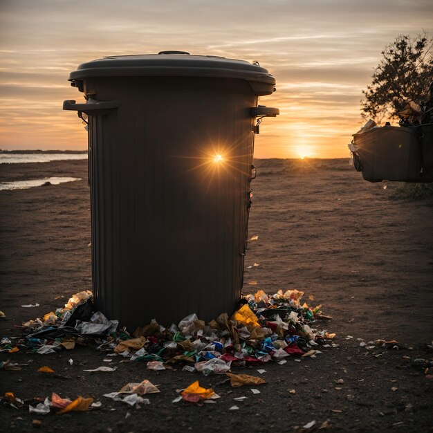 Photo la poubelle sur la plage, un symbole de pollution et de négligence envers l'environnement