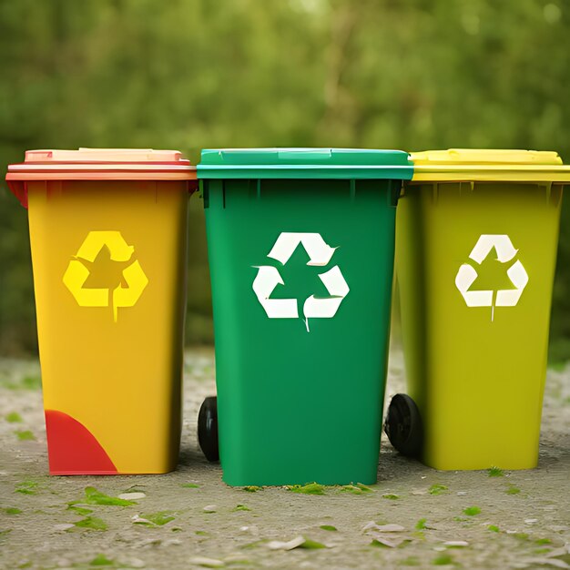 une poubelle de recyclage verte et jaune avec un logo de recycle