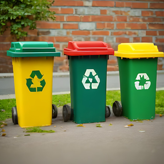 une poubelle de recyclage verte et jaune avec un logo de recycle