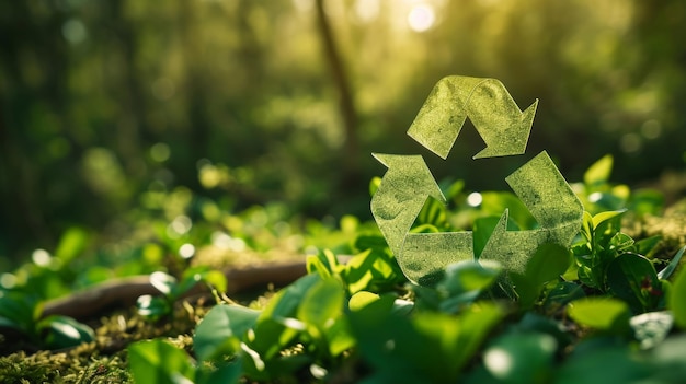 Photo une poubelle de recyclage verte parmi les arbres de la forêt