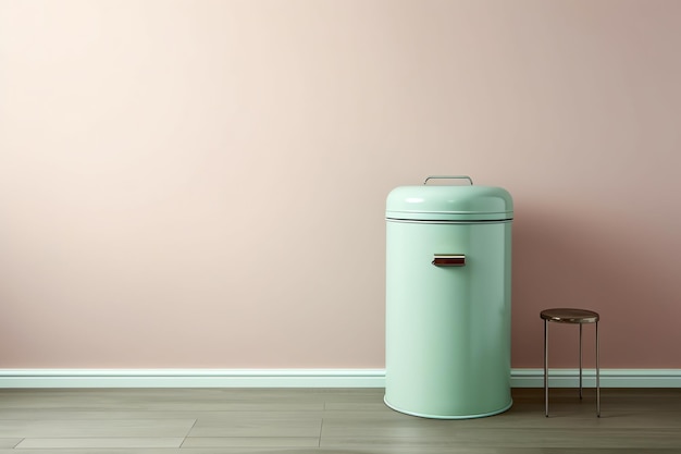 Une poubelle verte dans une pièce avec un tabouret et un tabouret.