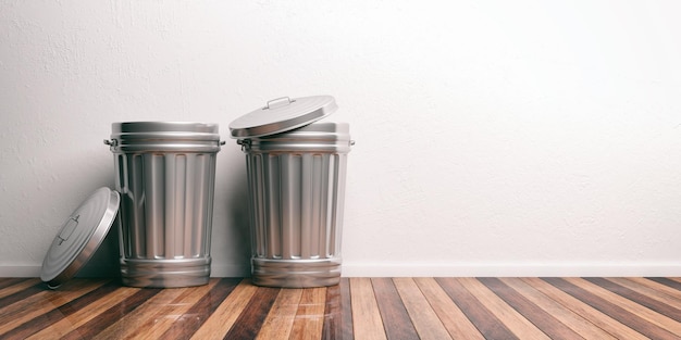 Poubelles sur une illustration 3d de plancher en bois