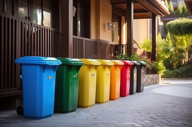 Poubelles en plastique multicolores placées près de l'entrée d'un immeuble résidentiel