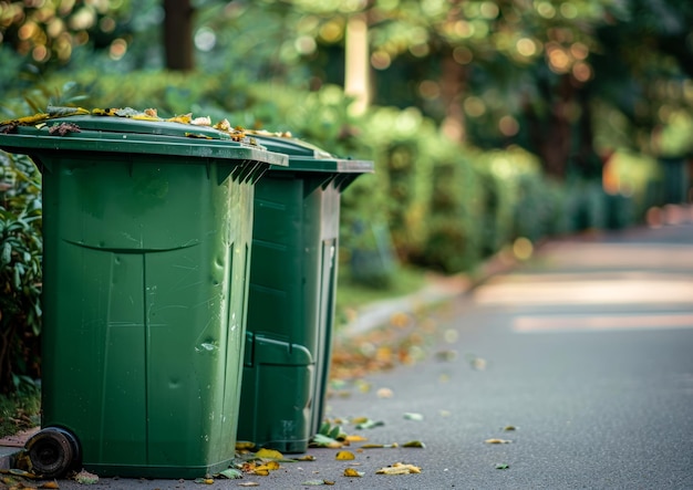 Des poubelles vertes sont placées sur le bord de la route.