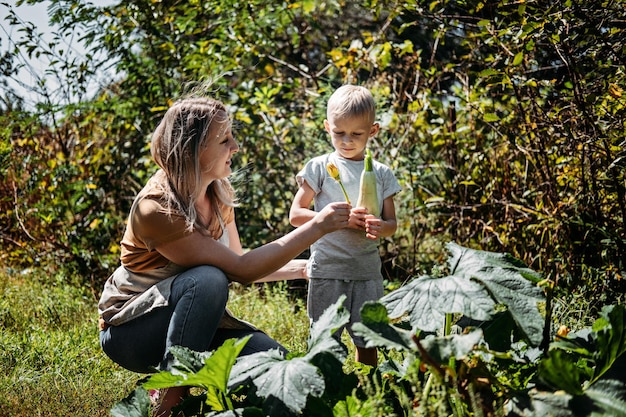 Pouces verts le printemps est là jardins familiaux et cueillette de légumes famille heureuse maman et enfant cueillant