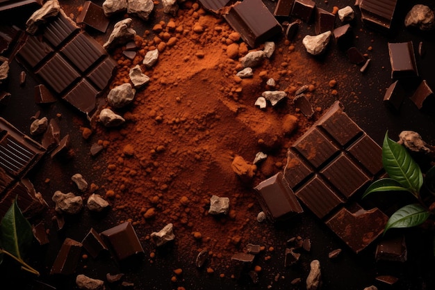 Photo poudre de cacao au chocolat et morceaux de chocolat sur fond noir fond chocolat avec pépites de barres de chocolat et poudre de cacao au-dessus de l'ia générée