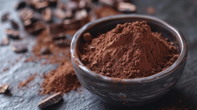 Poudre de cacao dans un bol rustique sur un fond texturé bleu foncé Photographie d'ingrédients culinaires