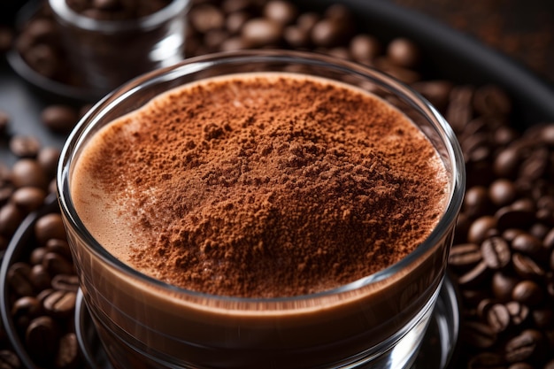 poudre de cacao dans un verre avec des grains de café sur fond noir