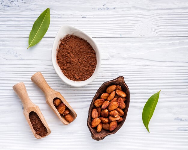 Poudre de cacao et fèves de cacao sur fond en bois.