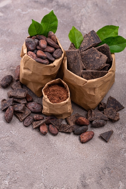 Poudre de cacao naturel, fèves de cacao et chocolat