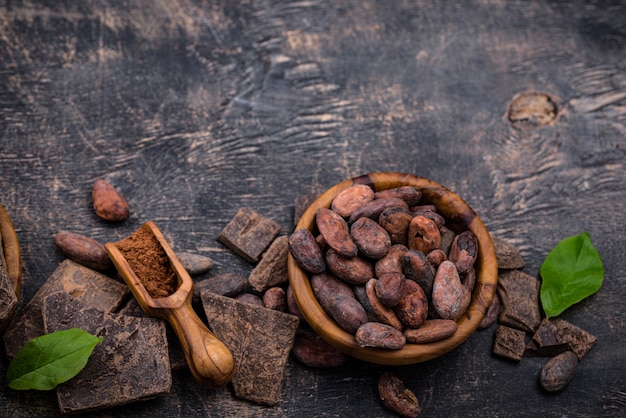 Poudre de cacao naturelle, fèves de cacao et chocolat