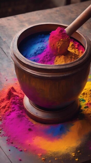 Poudre colorée dans un récipient sur la table joyeuse fête de Holi des couleurs concept artistique