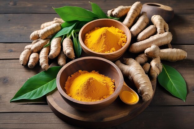 Poudre de curcuma et curcuma frais dans des bols en bois avec des feuilles vertes sur de vieilles herbes de table en bois