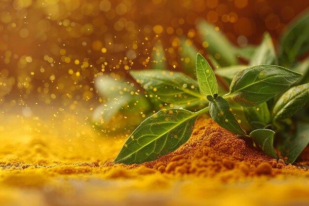 Photo la poudre de curcuma vibrante et les feuilles vertes fraîches au soleil