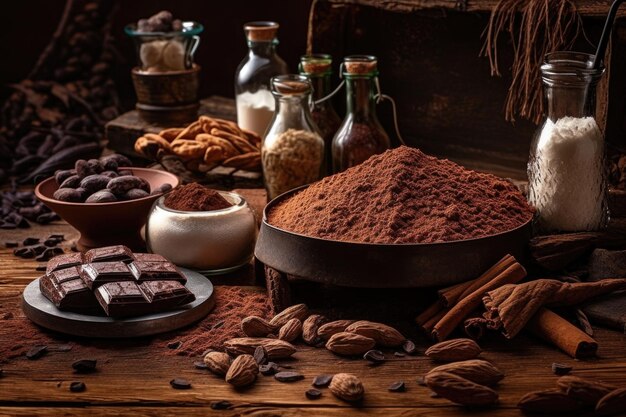 Poudre de fèves de cacao et morceaux de chocolat sur une table rustique créée avec une IA générative