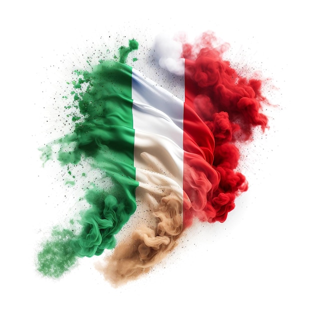 Poudre fine de drapeau de vague italienne explosant sur un fond blanc