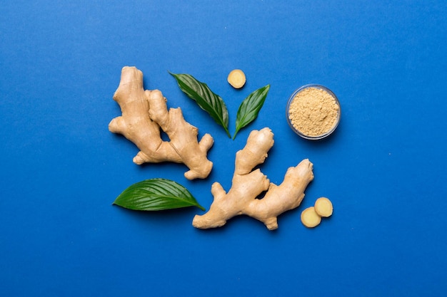 Poudre de gingembre finement sèche dans un bol avec des feuilles vertes isolées sur fond coloré vue de dessus mise à plat