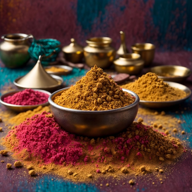 Poudre Gulaal colorée et motifs dorés pour Holi