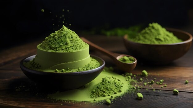 poudre de matcha sur une table en bois