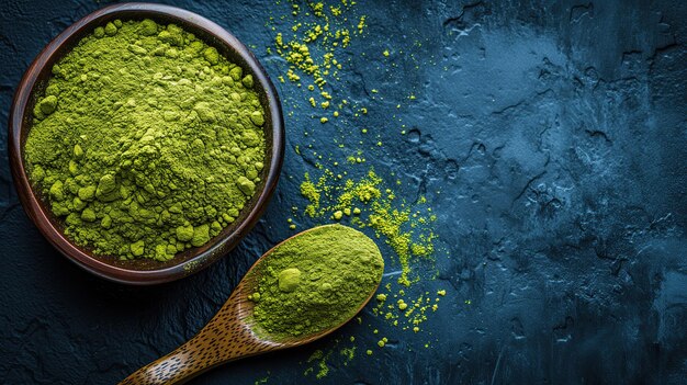 Poudre de matcha verte dans une plaque en bois et une cuillère en bois Vue d'en haut Copier l'espace