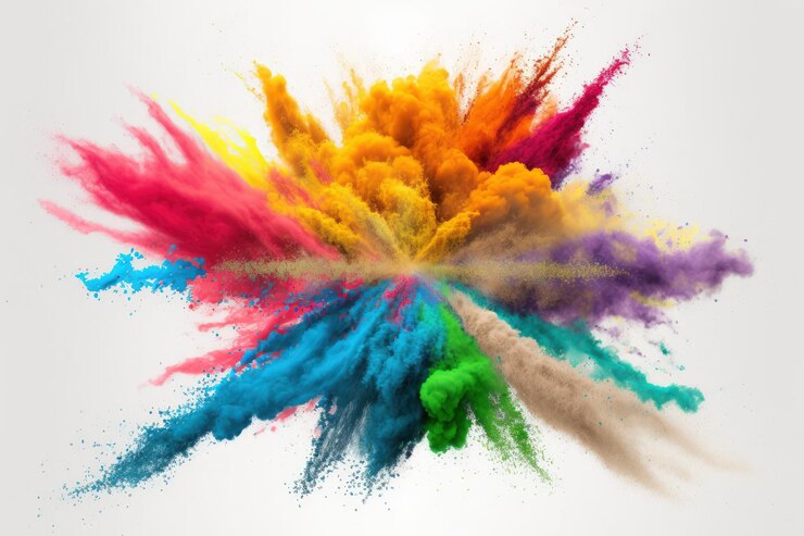 La poudre multicolore qui explose Envolez-vous avec cette jolie poudre aux couleurs de l'arc-en-ciel Le nuage de poudre aux couleurs éblouissantes sur fond blanc