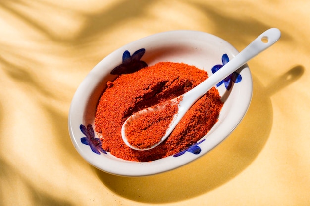 Poudre de paprika aux épices savoureuses dans une assiette en céramique avec fond jaune et nuances naturelles